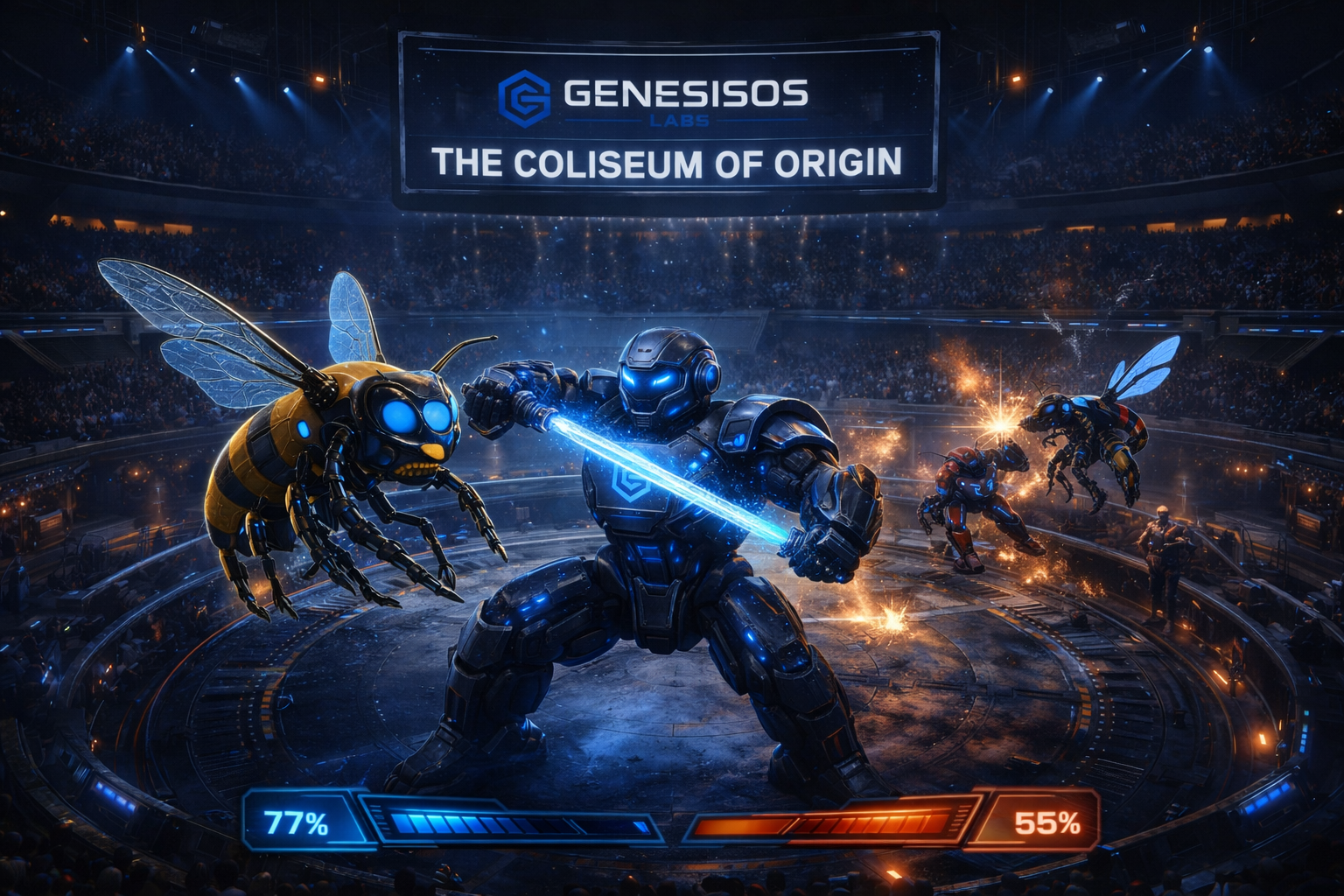 GenesisOS Coliseum arena with GBots and swarm fighters
